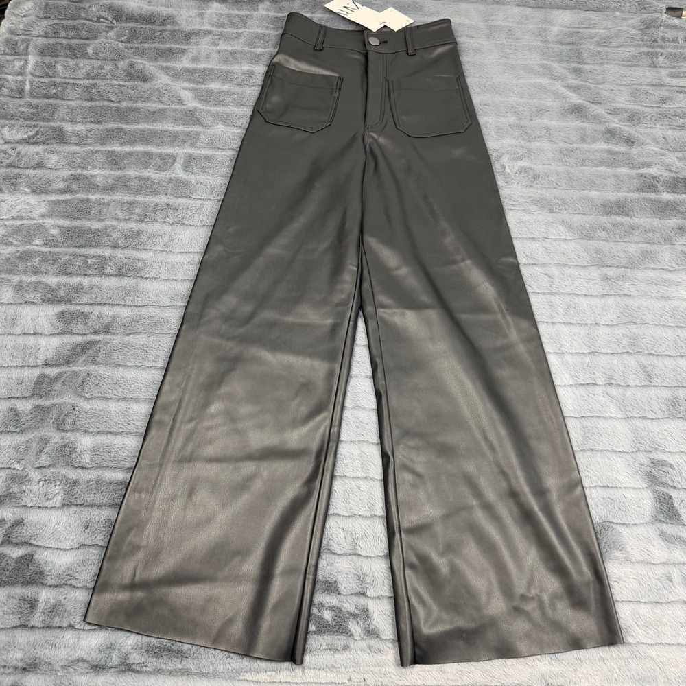 Zara The Marine Pant Black Faux Leather Wide Leg High Rise 2969/243 Size 0